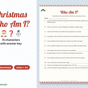 Juego navideño "¿Quién soy?", adivina el personaje navideño, juego imprimible para fiestas navideñas para niños y adultos. imagen 1