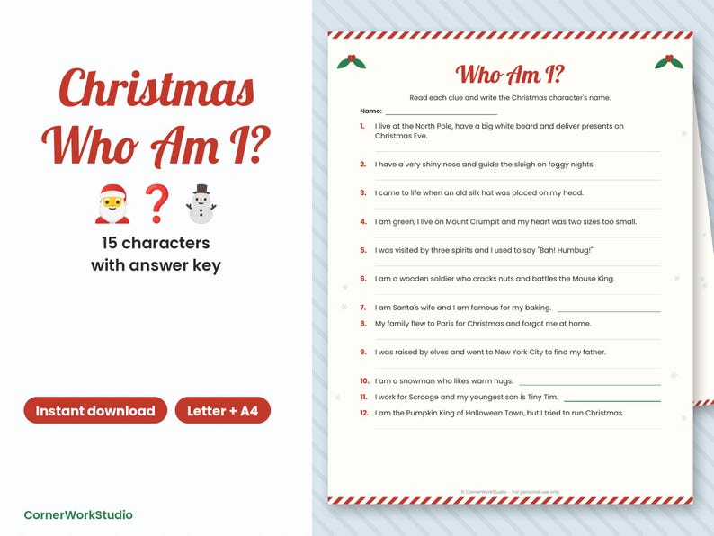Juego navideño "¿Quién soy?", adivina el personaje navideño, juego imprimible para fiestas navideñas para niños y adultos. imagen 1