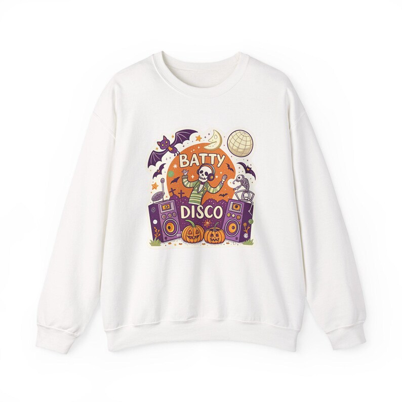 Batty Disco Dancing Bats Halloween Sweatshirt, Funny Spooky Season Sweatshirt, Quirky Halloween Gift Bild 1