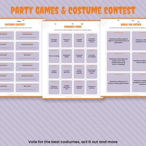 May include: Three printable sheets for Halloween party games and a costume contest. The pages feature orange headers, spider web accents, and purple boxes containing text for charades, would you rather questions, and costume contest ballots.