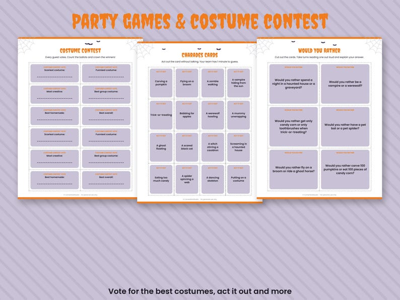 May include: Three printable sheets for Halloween party games and a costume contest. The pages feature orange headers, spider web accents, and purple boxes containing text for charades, would you rather questions, and costume contest ballots.