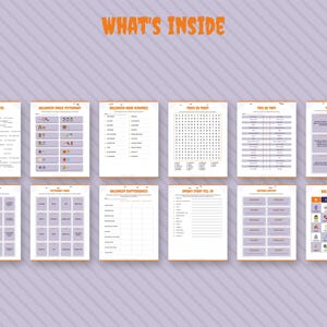 May include: A collection of twelve printable Halloween activity sheets arranged in two rows. The pages feature games like trivia, word scramble, bingo, and word search, all with orange headers and light purple backgrounds with text.