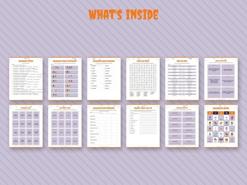 May include: A collection of twelve printable Halloween activity sheets arranged in two rows. The pages feature games like trivia, word scramble, bingo, and word search, all with orange headers and light purple backgrounds with text.