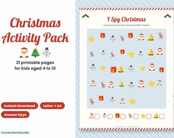 May include: A Christmas activity pack with 21 printable pages for kids aged 4 to 10. The document features an I Spy Christmas game with icons of Santa, a tree, a snowman, a gift, a reindeer, a bell, and a star, with boxes to count each item.