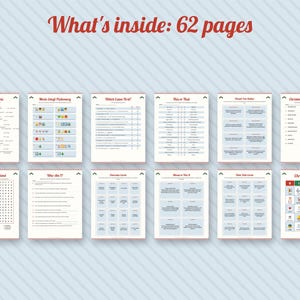 Puede incluir: Una colecci&oacute;n de 62 p&aacute;ginas de actividades navide&ntilde;as imprimibles con juegos como trivia, pictionary de emojis, sopas de letras y bingo. Cada p&aacute;gina blanca tiene bordes a rayas rojas y blancas, texto azul y varios gr&aacute;ficos navide&ntilde;os.