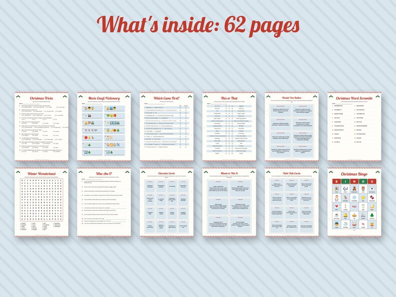 Puede incluir: Una colecci&oacute;n de 62 p&aacute;ginas de actividades navide&ntilde;as imprimibles con juegos como trivia, pictionary de emojis, sopas de letras y bingo. Cada p&aacute;gina blanca tiene bordes a rayas rojas y blancas, texto azul y varios gr&aacute;ficos navide&ntilde;os.