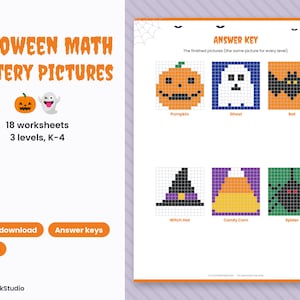 Halloween Math Mystery Pictures, Color by Number Worksheets K-4 (Digital Download) image 1