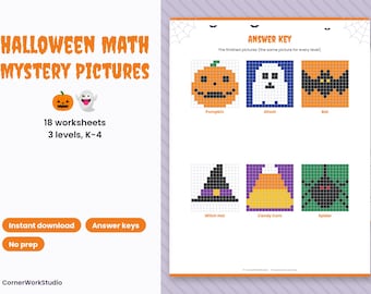 Op de afbeelding: Halloween wiskunde werkbladen Mystery Pictures met 18 pagina's in 3 niveaus voor groep K-4. De antwoordpagina toont pixel art rasters van een pompoen, spook, vleermuis, heksenhoed, maïssnoepje en spin. Tekst: Halloween Math Mystery Pictures.