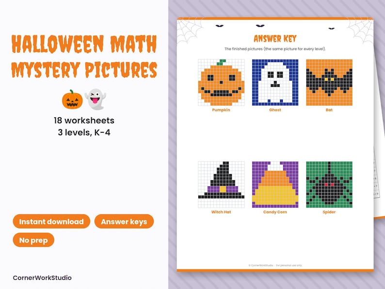 Halloween Math Mystery Pictures, Color by Number Worksheets K-4 (Digital Download) image 1