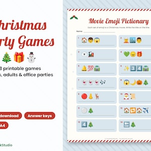 Puede incluir: Una hoja de juego de fiesta navide&ntilde;a imprimible titulada Movie Emoji Pictionary que presenta 14 l&iacute;neas numeradas con secuencias de emojis para adivinar t&iacute;tulos de pel&iacute;culas. El documento incluye encabezados en rojo, iconos de acebo y un fondo azul claro.