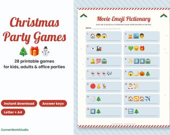 May include: A printable Christmas party game sheet titled Movie Emoji Pictionary featuring 14 numbered lines with emoji sequences for guessing movie titles. The document includes red text headers, holly icons, and a light blue background for each row.