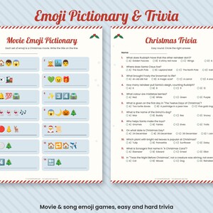 Puede incluir: Una hoja de juego imprimible con Pictionary de emojis y trivia navide&ntilde;a. El lado izquierdo enumera t&iacute;tulos de pel&iacute;culas para adivinar mediante emojis, mientras que el derecho contiene doce preguntas de opci&oacute;n m&uacute;ltiple sobre la Navidad.