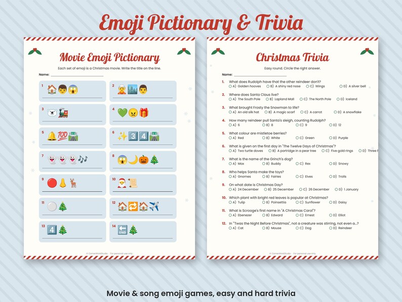 Puede incluir: Una hoja de juego imprimible con Pictionary de emojis y trivia navide&ntilde;a. El lado izquierdo enumera t&iacute;tulos de pel&iacute;culas para adivinar mediante emojis, mientras que el derecho contiene doce preguntas de opci&oacute;n m&uacute;ltiple sobre la Navidad.