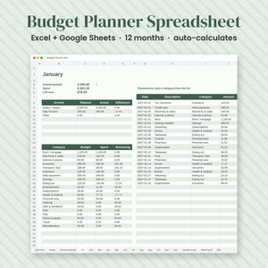 May include: A digital budget planner spreadsheet for Excel and Google Sheets featuring a 12-month layout with auto-calculation functionality. The interface displays columns for income, expenses, dates, descriptions, categories, and amounts.