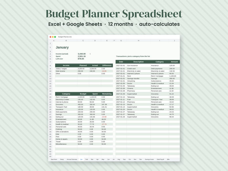 May include: A digital budget planner spreadsheet for Excel and Google Sheets featuring a 12-month layout with auto-calculation functionality. The interface displays columns for income, expenses, dates, descriptions, categories, and amounts.