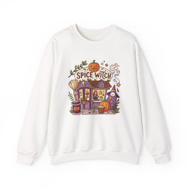 Spice Witch Pumpkin Spice Coffee Shop Halloween Sweatshirt, Funny Spooky Season Sweatshirt, Quirky Halloween Gift Bild 1
