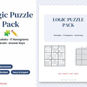100 utskrivbara Sudoku-pussel och 17 nonogram, enkla logikpussel för experter (digital nedladdning)