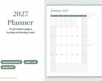 May include: A 2027 planner with 37 printable pages featuring a monthly calendar for January 2027. The layout includes a Sunday and Monday start option, a focus section, and a notes column. The design uses sage green accents on a white background.