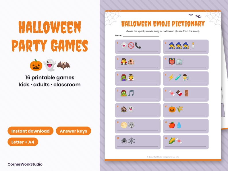 May include: A printable Halloween Emoji Pictionary game sheet featuring orange text that reads Halloween Party Games and Halloween Emoji Pictionary. The page includes fourteen numbered rows with emoji sequences and blank lines for writing answers.