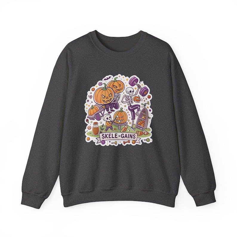 Skele-Gains Skeleton Gym Halloween Sweatshirt, Funny Spooky Season Sweatshirt, Quirky Halloween Gift 画像 5