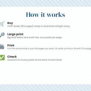 May include: An informational graphic titled How it works, detailing a four-step process: Buy 4 PDF books with 812 pages, Large print with bold letters, Print on US Letter or A4 paper, and Check solutions for every puzzle at the back of each book.