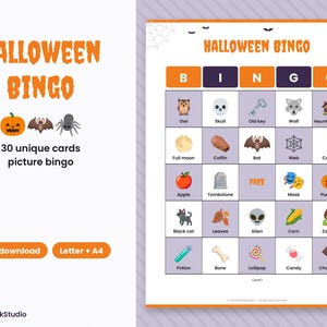 Halloween Picture Bingo for Kids, 30 Unique Cards, Classroom Party Game (Digital Download) image 1