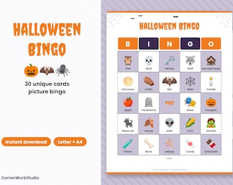 May include: A Halloween Bingo game set featuring 30 unique cards. The game board displays a grid with the letters B-I-N-G-O at the top and various seasonal icons including a pumpkin, skull, bat, spider, ghost, and candy in a light purple grid.