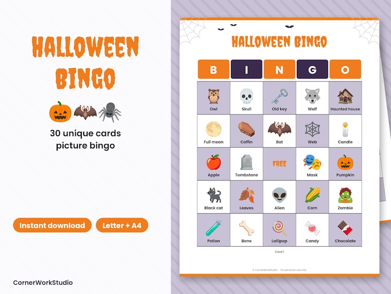 Halloween Picture Bingo for Kids, 30 Unique Cards, Classroom Party Game (Digital Download) image 1