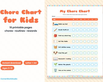 May include: A printable chore chart for kids featuring the title My Chore Chart, a name line, and a table with rows for tasks like making the bed, brushing teeth, and feeding the pet, each with a corresponding icon and seven empty circles for tracking.
