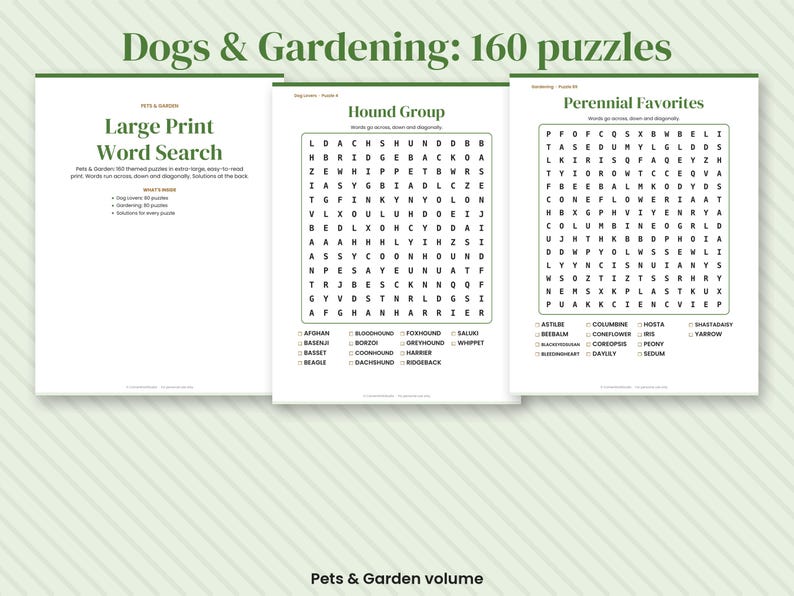 May include: Three pages from a large print word search book titled Dogs & Gardening: 160 puzzles. The pages feature dark green text and borders, including a title page, a Hound Group puzzle page, and a Perennial Favorites puzzle page.