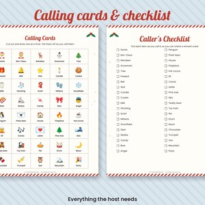 May include: A printable Christmas bingo game set featuring a sheet of calling cards with colorful holiday icons and a corresponding caller's checklist. The text includes Calling cards & checklist, Calling Cards, and Caller's Checklist.