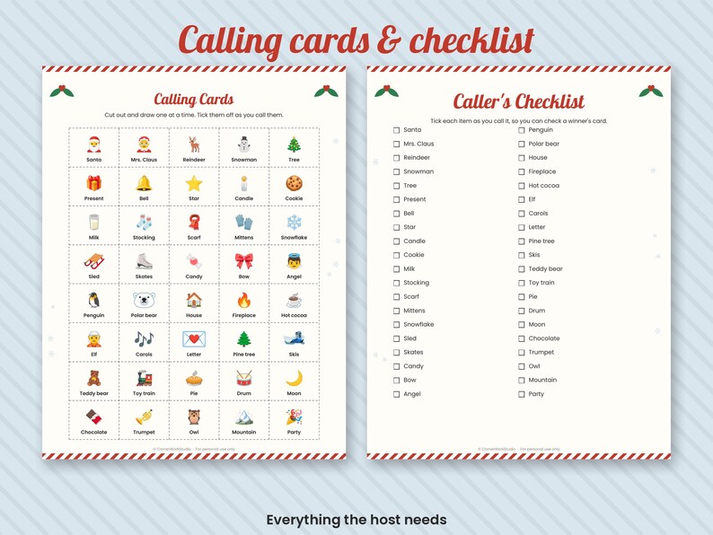 May include: A printable Christmas bingo game set featuring a sheet of calling cards with colorful holiday icons and a corresponding caller's checklist. The text includes Calling cards & checklist, Calling Cards, and Caller's Checklist.