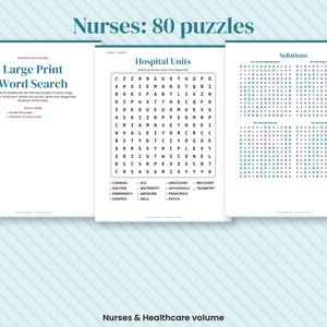May include: A collection of three white pages featuring a large print word search book titled Nurses: 80 puzzles. The pages display a title page, a sample puzzle page titled Hospital Units with a grid of letters, and a page containing puzzle solutions.