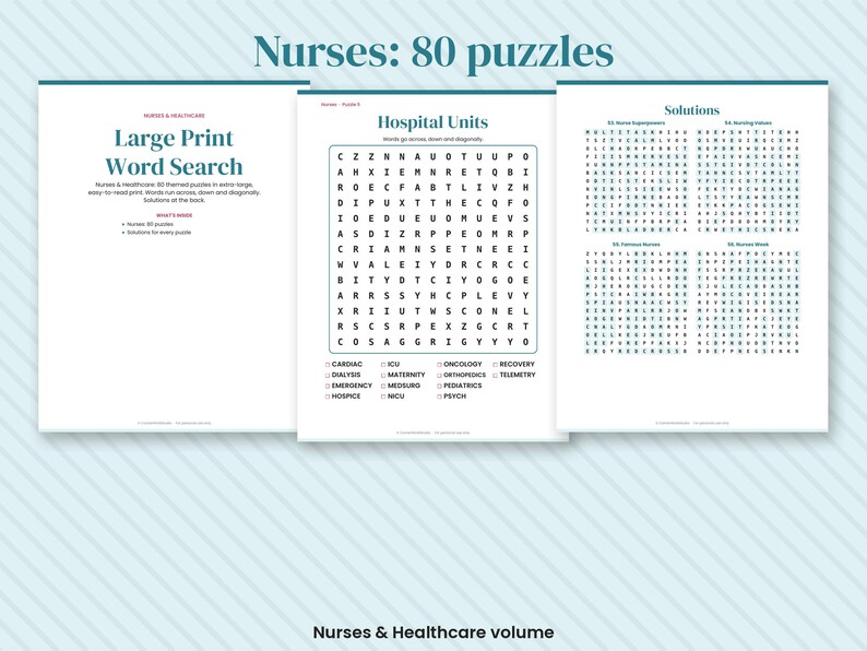 May include: A collection of three white pages featuring a large print word search book titled Nurses: 80 puzzles. The pages display a title page, a sample puzzle page titled Hospital Units with a grid of letters, and a page containing puzzle solutions.