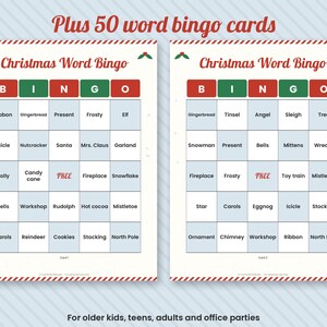 May include: Two Christmas Word Bingo cards featuring a five-by-five grid with red and green headers. Each card includes a central free space and various holiday-themed words like Ribbon, Gingerbread, and Santa. The top text reads Plus 50 word bingo cards.