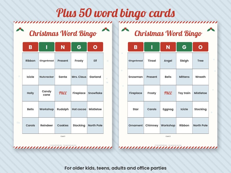 May include: Two Christmas Word Bingo cards featuring a five-by-five grid with red and green headers. Each card includes a central free space and various holiday-themed words like Ribbon, Gingerbread, and Santa. The top text reads Plus 50 word bingo cards.
