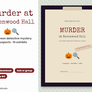 Jeu d'enquête policière à imprimer pour Halloween, dossier de détective, jeu pour adultes pour une soirée d'Halloween réussie, résolvez le crime, escape game image 1