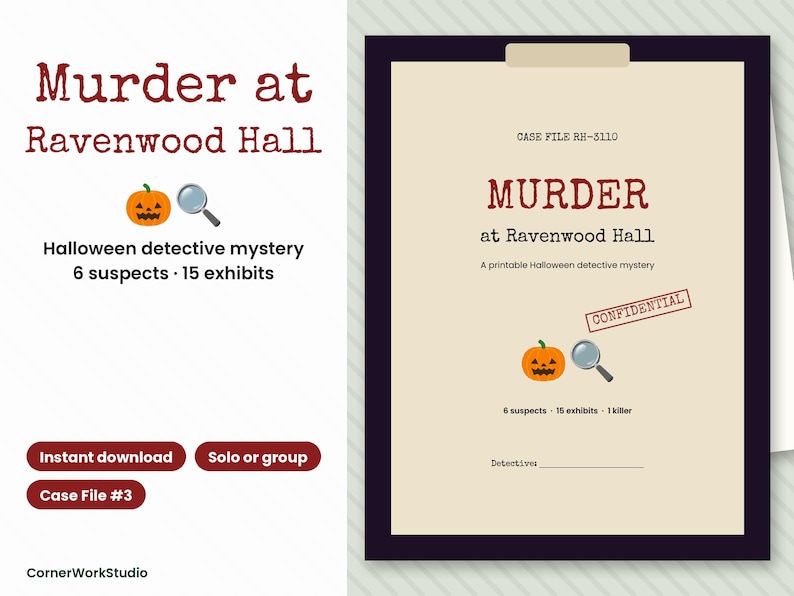 Jeu d'enquête policière à imprimer pour Halloween, dossier de détective, jeu pour adultes pour une soirée d'Halloween réussie, résolvez le crime, escape game image 1