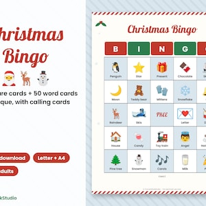 May include: A Christmas Bingo game set featuring a grid with holiday-themed icons like a penguin, star, present, and snowman. The text reads Christmas Bingo, 100 picture cards + 50 word cards all unique, with calling cards, Instant download, Letter + A4, Kids & adults, and CornerWorkStudio.