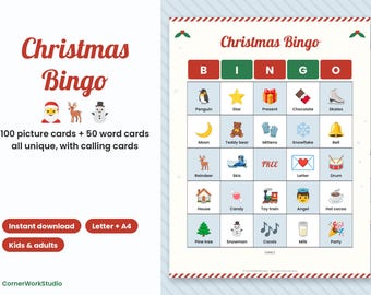 May include: A Christmas Bingo game set featuring a grid with holiday-themed icons like a penguin, star, present, and snowman. The text reads Christmas Bingo, 100 picture cards + 50 word cards all unique, with calling cards, Instant download, Letter + A4, Kids & adults, and CornerWorkStudio.