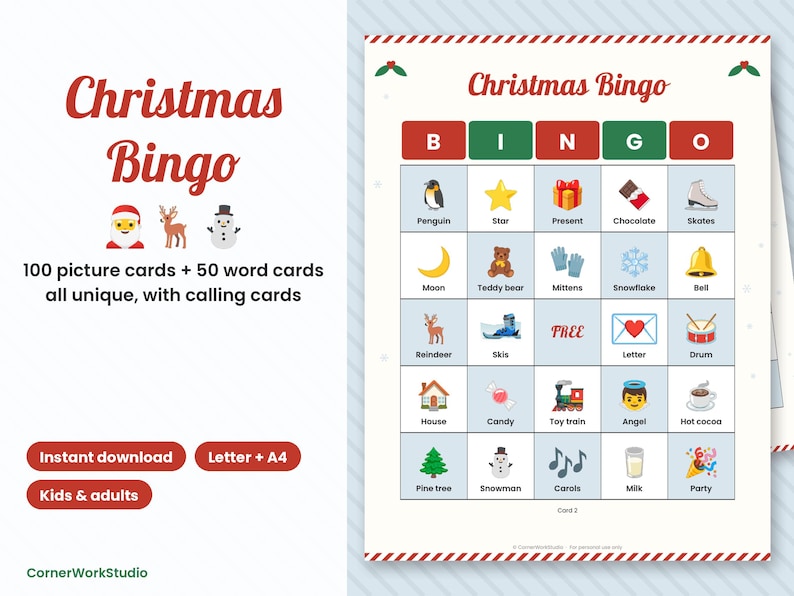 May include: A Christmas Bingo game set featuring a grid with holiday-themed icons like a penguin, star, present, and snowman. The text reads Christmas Bingo, 100 picture cards + 50 word cards all unique, with calling cards, Instant download, Letter + A4, Kids & adults, and CornerWorkStudio.
