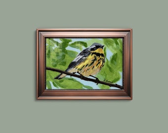 Lámina artística de reinita magnolia, pintura de aves en giclée para pared.