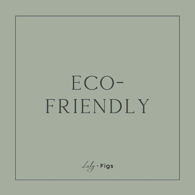 Op de afbeelding: Een vierkant beeld met een saliegroene achtergrond toont de woorden "ECO-FRIENDLY" in een schreefletter. Daaronder staan de woorden "Lily &bull; Figs" in een cursief lettertype, alles binnen een dunne zwarte rand.