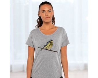 Camiseta tipo dolman con estampado de curruca - Camiseta de naturaleza para mujer