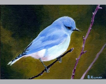 Pintura original de pájaro azul de montaña / Arte de pared para decoración de oficina / Regalo para amantes de las aves