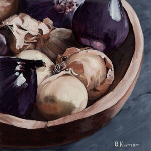 Onion Art / Bowl of Onions Original Oil Painting for Kitchen / Vegetable Painting Gift for Cook