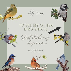 Puede incluir: Una ilustraci&oacute;n digital de varias especies de aves, incluyendo un cardenal, un p&aacute;jaro azul, un carbonero y un petirrojo. La imagen incluye el texto "Lily + Figs" y "TO SEE MY OTHER BIRD SHIRTS Just click my shop name LILYANDFIGS.COM".