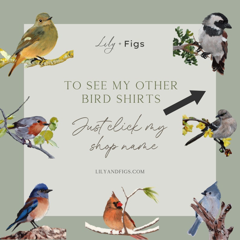 Puede incluir: Una ilustraci&oacute;n digital de varias especies de aves, incluyendo un cardenal, un p&aacute;jaro azul, un carbonero y un petirrojo. La imagen incluye el texto "Lily + Figs" y "TO SEE MY OTHER BIRD SHIRTS Just click my shop name LILYANDFIGS.COM".