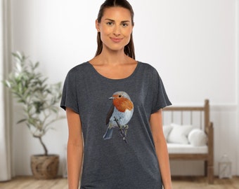 Camiseta tipo dolman con estampado de petirrojo europeo: Camiseta ligera con estampado de aves.