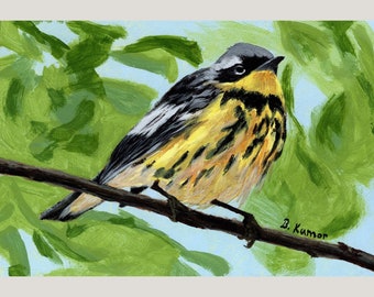 Warbler Bird Original Acrylic Painting, 5x7 Wall Art
